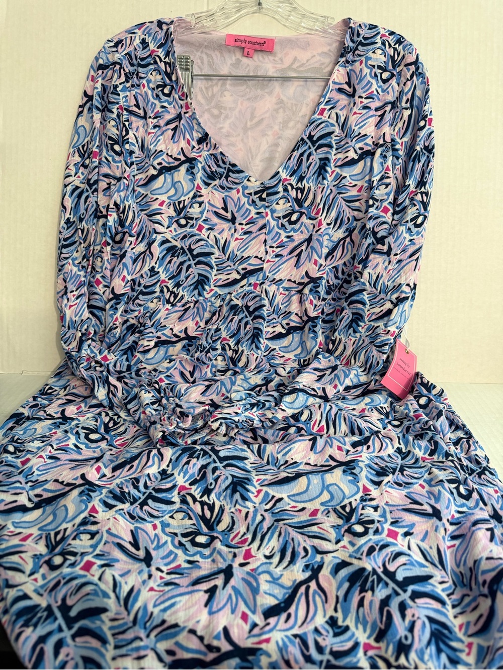 Simply Southern Blue, Pink & Navy Floral V-Neck Long Sleeve Dress